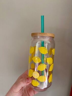Mainstays Lemon Travel Cup 19 oz Bamboo Lid Straw Iced Coffee Tumbler NEW